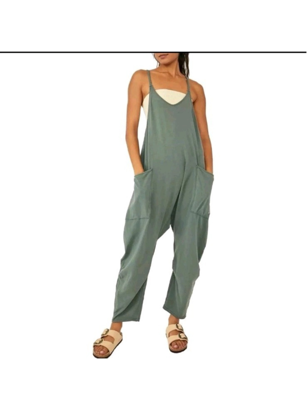 FP Movement Hot Shot Jumpsuit L Sage Green Harem Oversized Free People Pockets